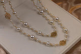 Vintage Lady Camellia Pearls Flower Long Necklace Chain Double Layers Jewelry
