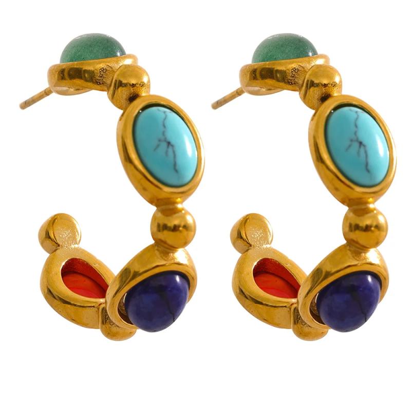 Colorful Hoop Earrings Natural Stone 18k Plated High Jewelry