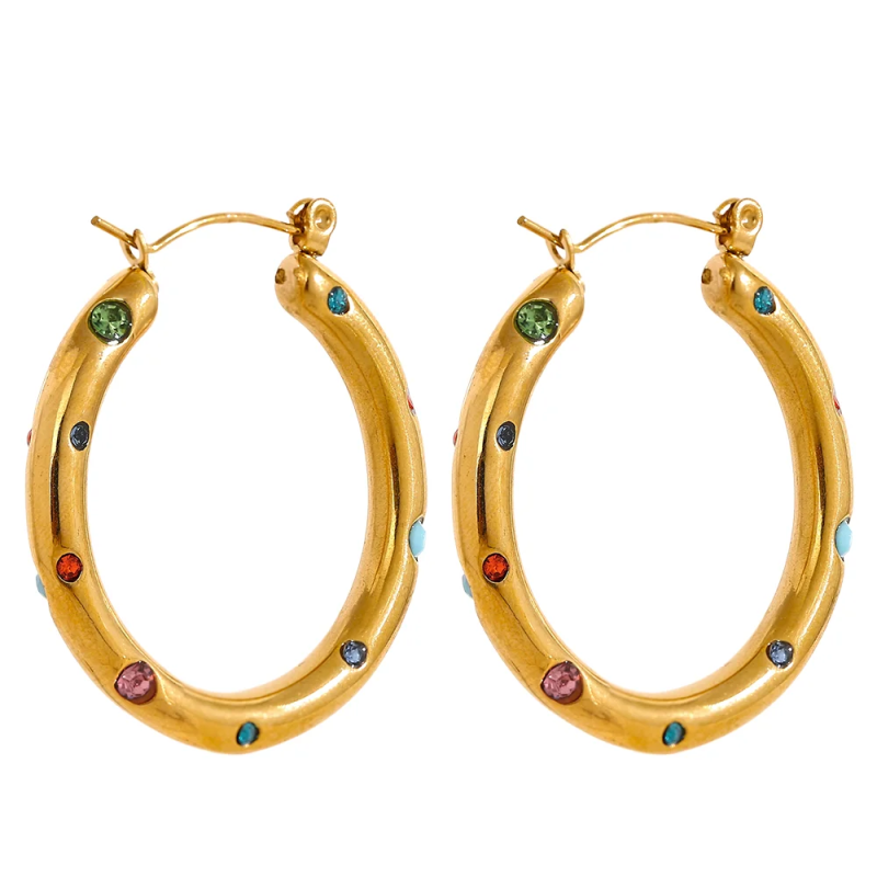 32mm Hoop Earrings with Colorful Cubic Zirconia, Stainless Steel, Rust-Proof