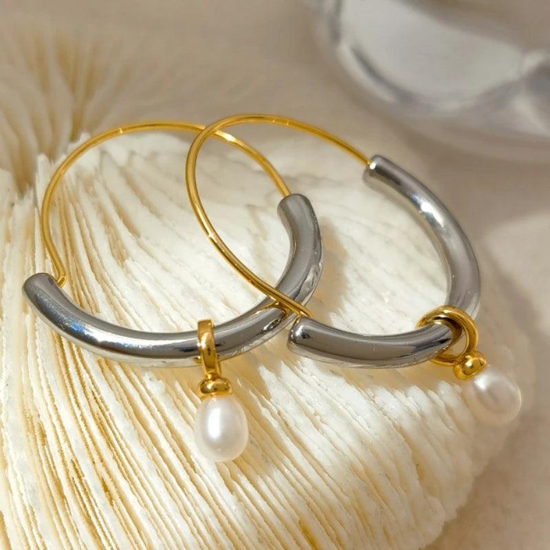 Modern Jewelry Brass Metal Pearl Hoop Earrings for Women