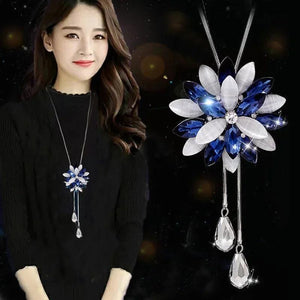 Snowflake Pink Zircon Long Necklace Sweater Chain Opal Flower Pendant Necklaces