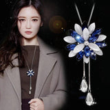 Snowflake Pink Zircon Long Necklace Sweater Chain Opal Flower Pendant Necklaces