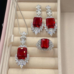 Red CZ 925 Silver Jewelry Sets - Vintage Banquet Wedding Party Accessories