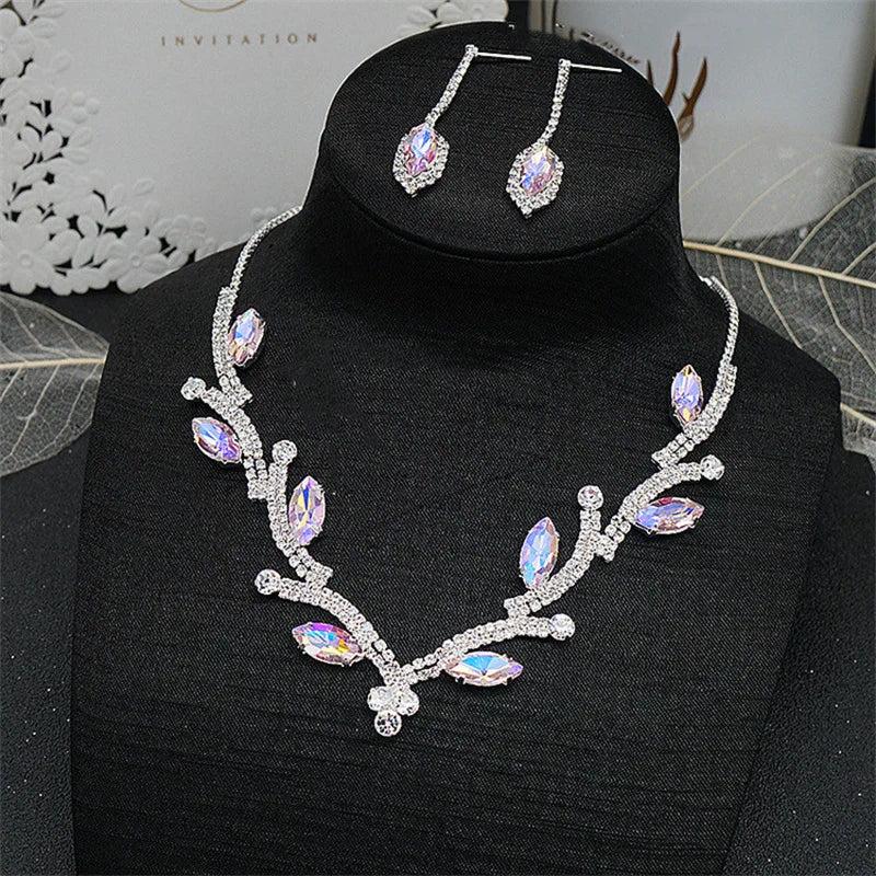 Geometric Rhinestone Necklace Earrings Set for Wedding Bride