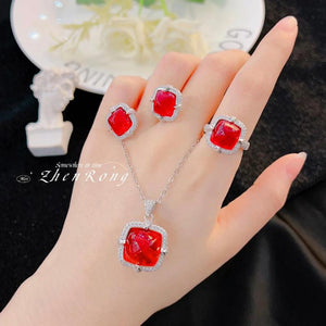 Red Crystal Ruby Promise Jewelry Sets Silver Bridal Wedding Earrings
