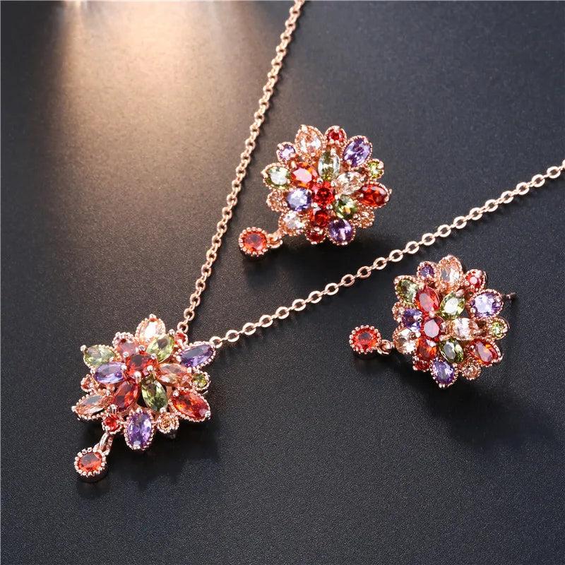 SUGO Retro Rose CZ Earrings Necklaces Set Women Dinner Jewelry