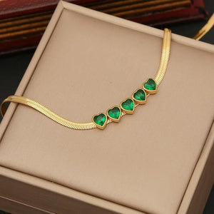 316LStainless Steel Green Zircon Pendant Flower Women's Necklace Jewelry Set