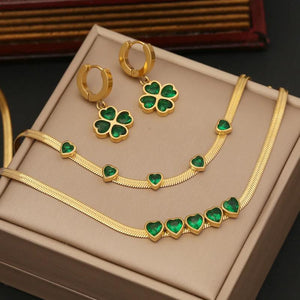 316LStainless Steel Green Zircon Pendant Flower Women's Necklace Jewelry Set