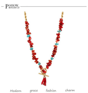 Natural Red Coral Gemstone Beaded Necklace Jewelry Set