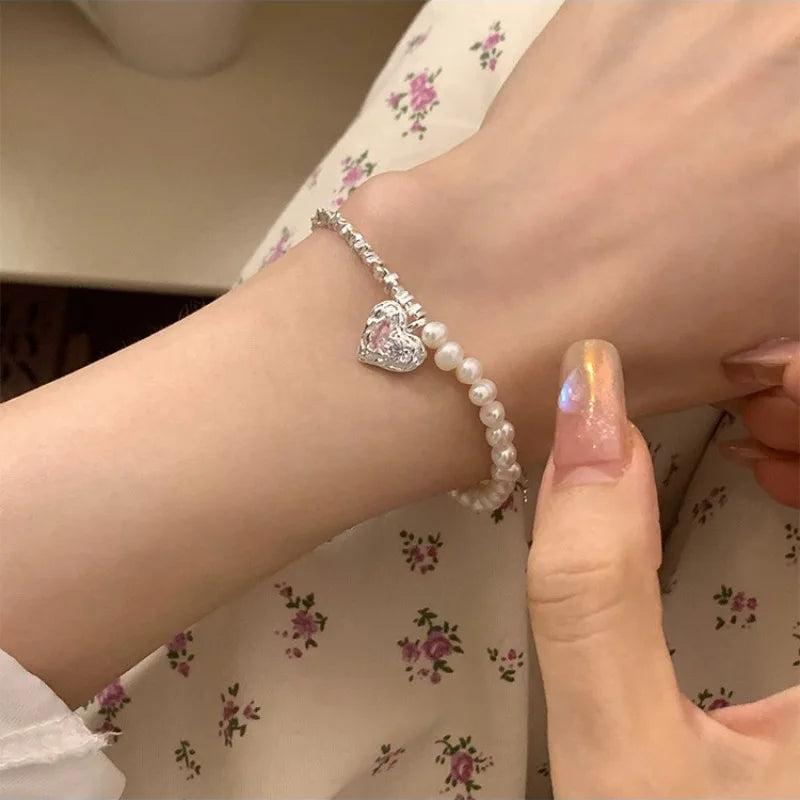 925 Sterling Silver Love Heart Pearl Zircon Bracelet Asymmetric Jewelry Gift