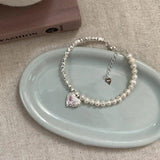 925 Sterling Silver Love Heart Pearl Zircon Bracelet Asymmetric Jewelry Gift