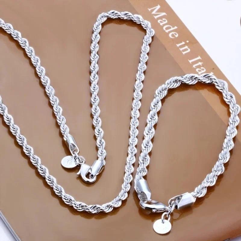 925 Silver 4MM Twisted Rope Necklace & Bracelet Set