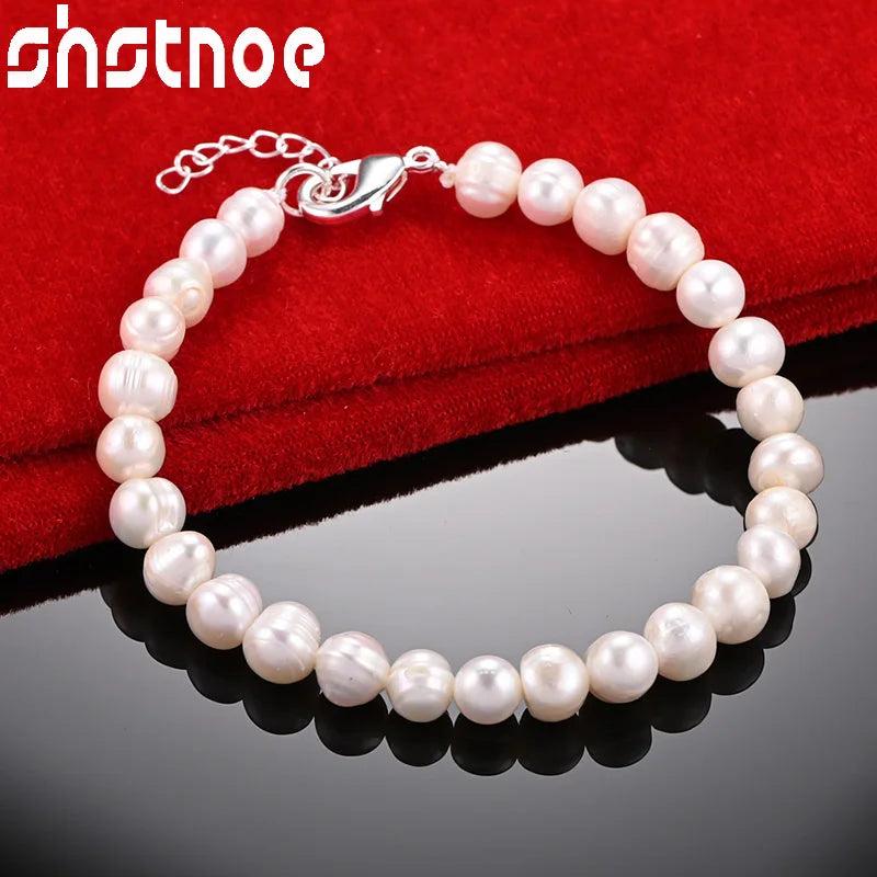 925 Sterling Silver Freshwater Pearl Chain Bracelet for Woman Wedding