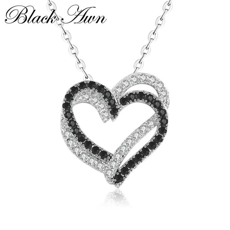 Awn Silver Necklace Heart Black&White Stone Pendants P107