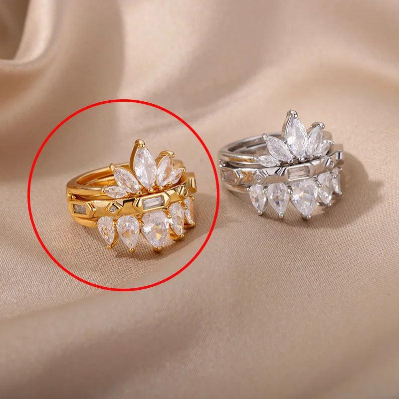 Zircon Double Lotus Ring Stainless Steel Wedding Jewelry Gift
