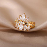 Zircon Double Lotus Ring Stainless Steel Wedding Jewelry Gift