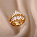 Zircon Double Lotus Ring Stainless Steel Wedding Jewelry Gift