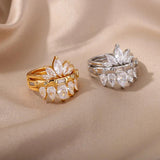 Zircon Double Lotus Ring Stainless Steel Wedding Jewelry Gift