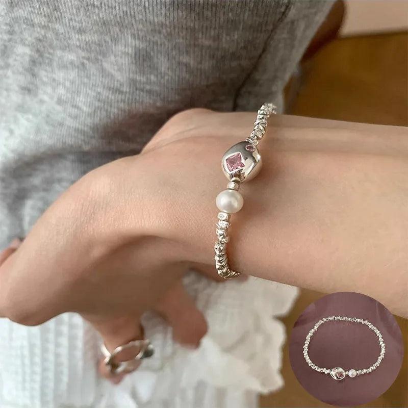 925 Silver Zircon Pearl Bracelet Romantic Geometry Jewelry