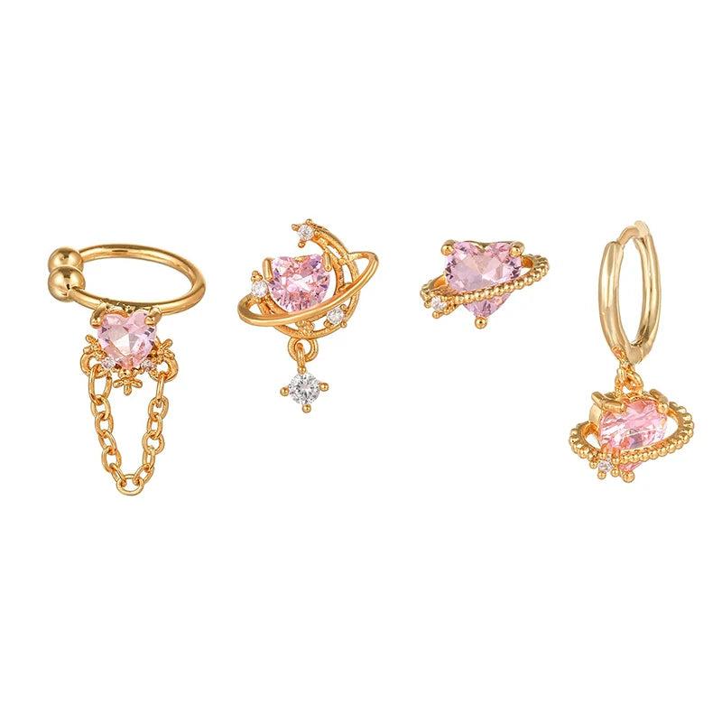 Pink Zircon Heart Earrings Set for Women Ear Cuff Chain Stud Earrings