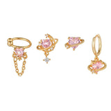 Pink Zircon Heart Earrings Set for Women Ear Cuff Chain Stud Earrings