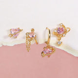 Pink Zircon Heart Earrings Set for Women Ear Cuff Chain Stud Earrings