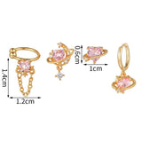 Pink Zircon Heart Earrings Set for Women Ear Cuff Chain Stud Earrings