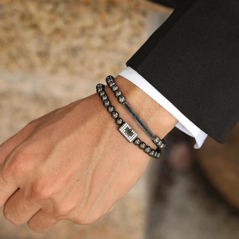Crown Charm Men Bracelet Pave CZ Bead Bracelet For Men