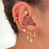 Plated Hoop Clip Stud Dangle Earrings For Women CZ Zircon Piercing Earrings Set
