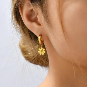 Stainless Steel Daisy Flower Hoop Huggie Earrings