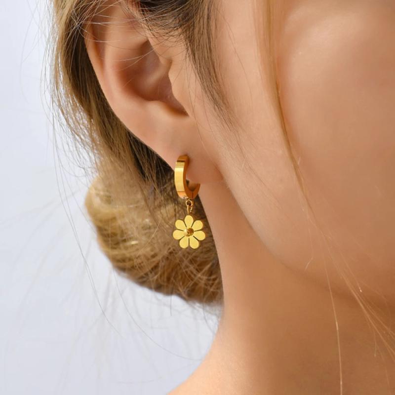 Stainless Steel Daisy Flower Hoop Huggie Earrings