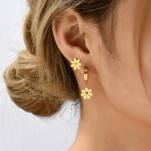 Stainless Steel Daisy Flower Hoop Huggie Earrings