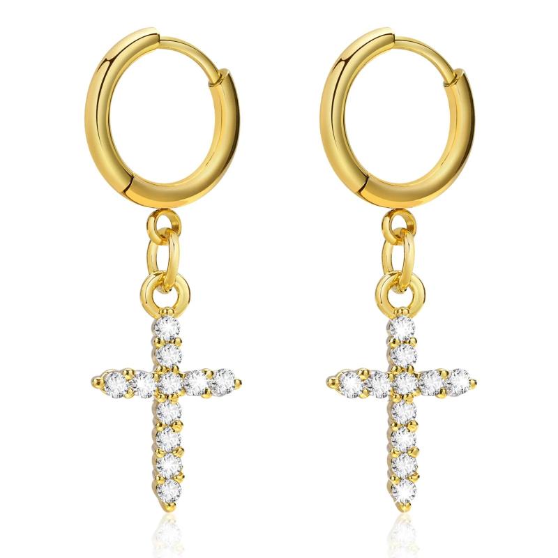 Men's CZ Stones Dangle Cross Earrings - Him Jewelry