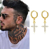 Men's CZ Stones Dangle Cross Earrings - Him Jewelry