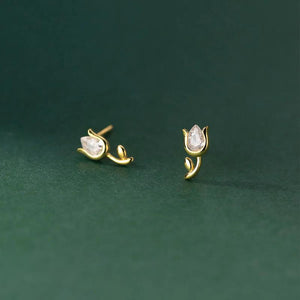 Mini Tulip Flower Stud Earrings S925 Silver 18K Gold-Plated Zircon Earr