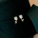 Mini Tulip Flower Stud Earrings S925 Silver 18K Gold-Plated Zircon Earr