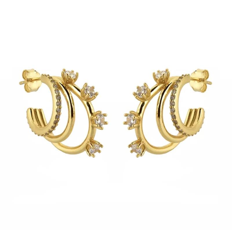 Gold-Plated Hoop Clip Dangle Earrings for Women CZ Zircon Piercing