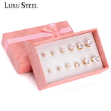 Crystal Stud Earrings Set Stainless Steel 6 Pairs Box Women Girl Jewelry