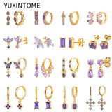 925 Silver Purple Crystal Stud Earrings Butterfly Cross Dangle Party Jewelry