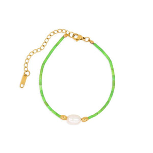Green Natural Stone Beads Chains Set with Freshwater Pearl - Stainless Steel
