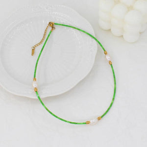 Green Natural Stone Beads Chains Set with Freshwater Pearl - Stainless Steel