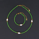 Green Natural Stone Beads Chains Set with Freshwater Pearl - Stainless Steel