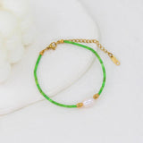 Green Natural Stone Beads Chains Set with Freshwater Pearl - Stainless Steel