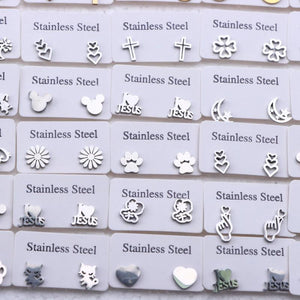10Pairs Sweet Heart Mini Stud Earrings Stainless Steel Silver Jewelry
