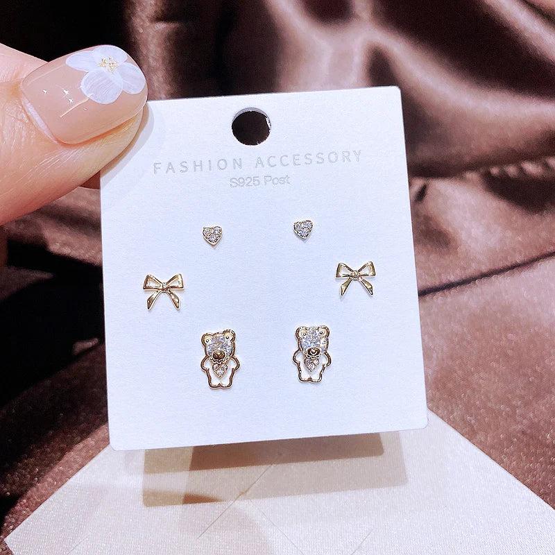 3 Pairs Zircon Crystal Stud Earrings Set Heart Bowknot Bear Women Jewelry