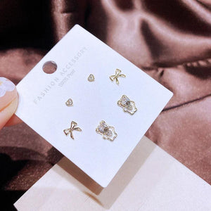 3 Pairs Zircon Crystal Stud Earrings Set Heart Bowknot Bear Women Jewelry