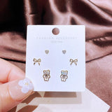 3 Pairs Zircon Crystal Stud Earrings Set Heart Bowknot Bear Women Jewelry