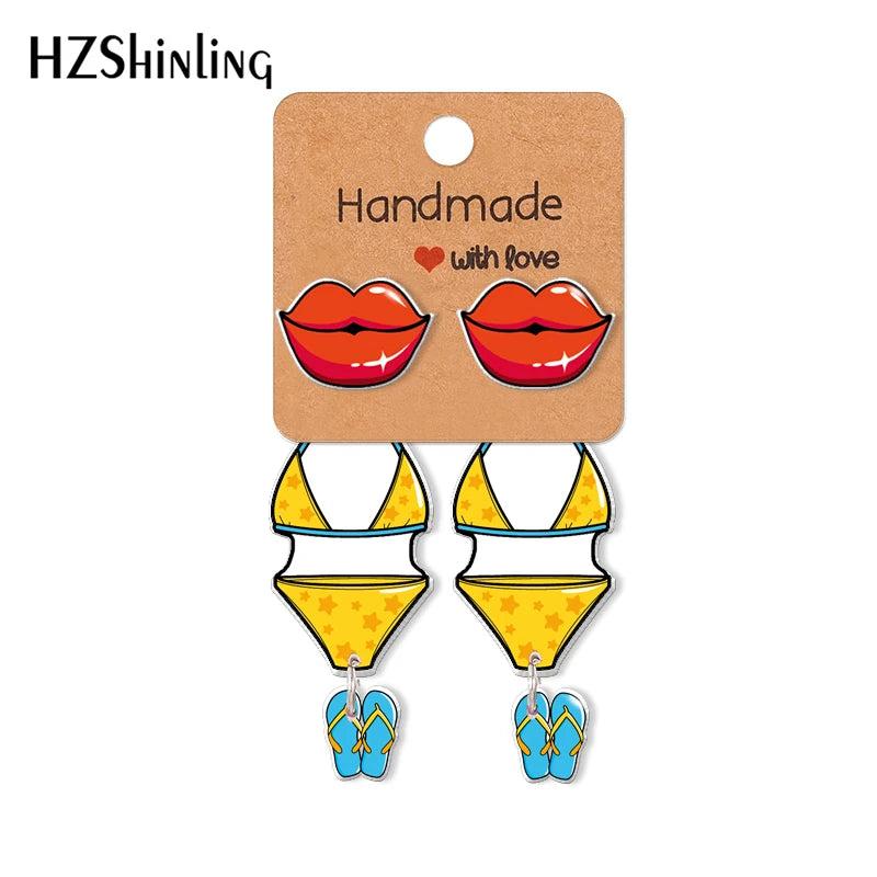 Red Lips Print Acrylic Clip Earrings Set