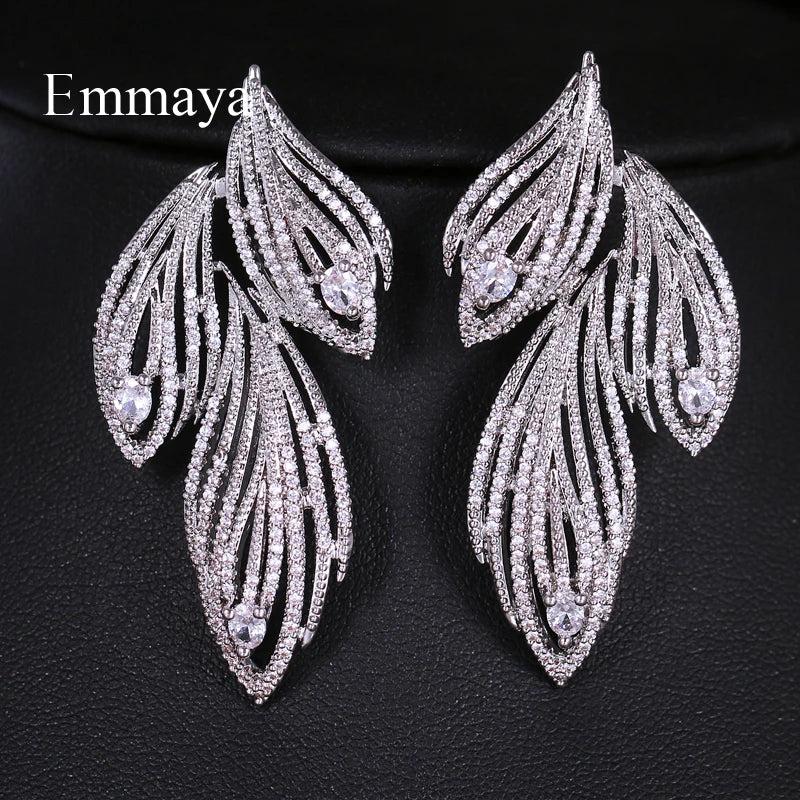 Leaf CZ Crystal Bridal Long Earrings Wedding Jewelry for Brides
