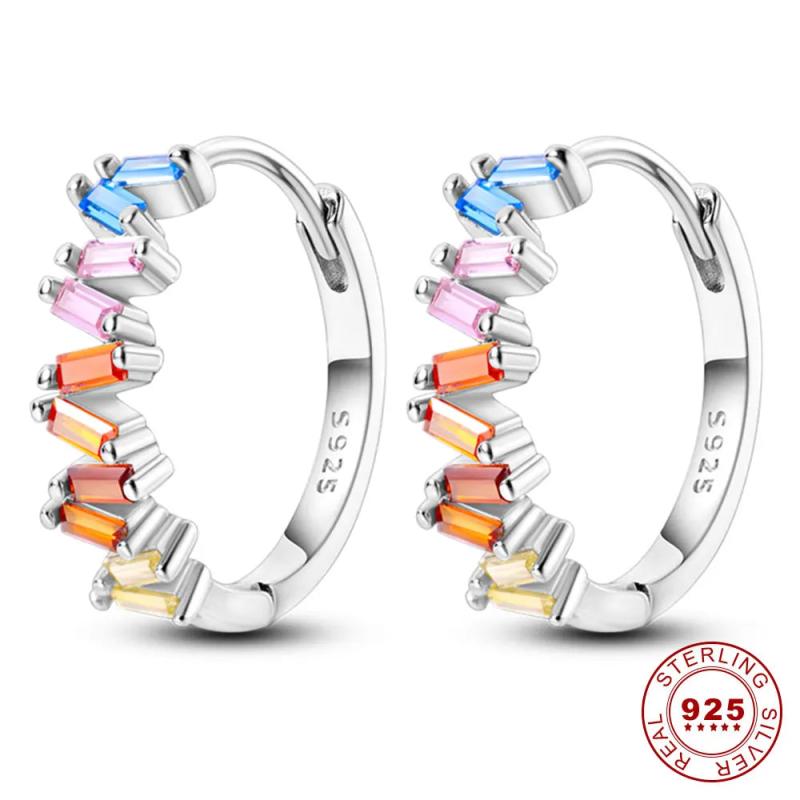 925 Silver Women Hoop Earrings Pave Heart Shape Star Gradient